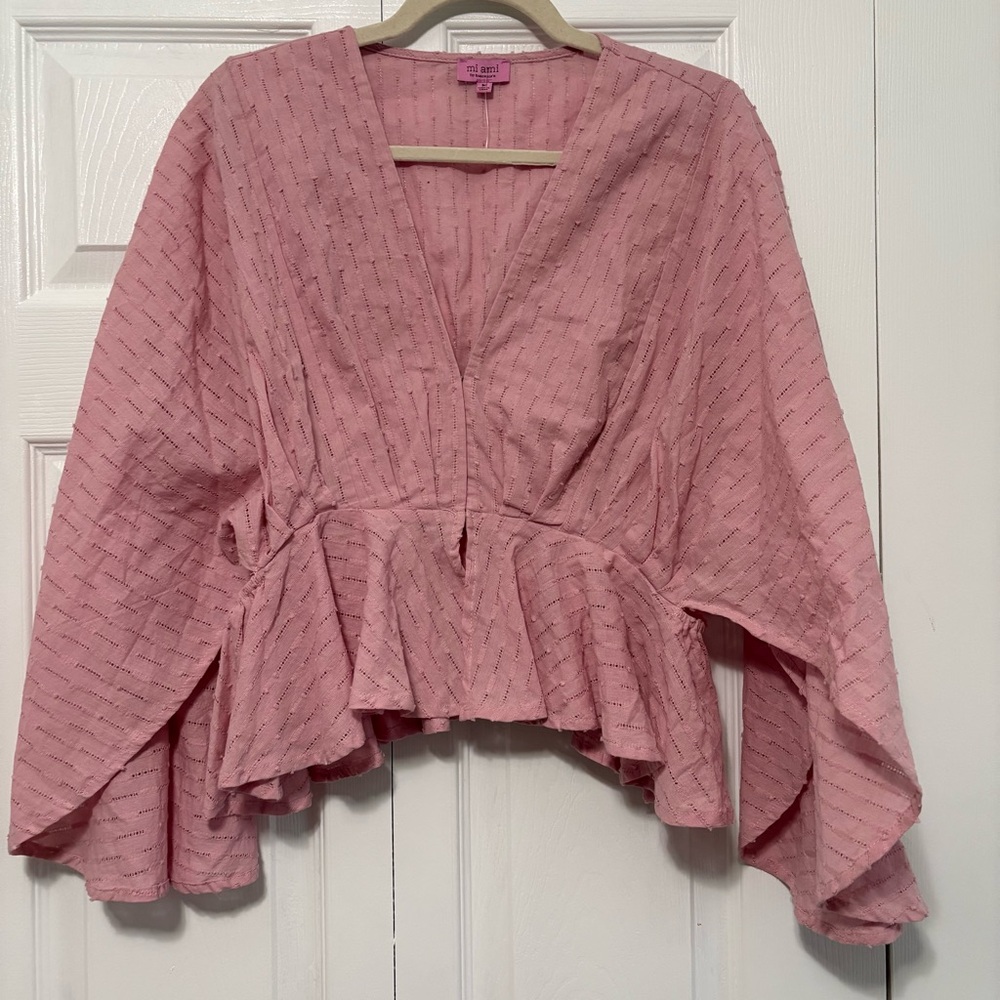 Muted Pink Flutter Sleeve Top Feminine Going Out Flirty Medium Cotton